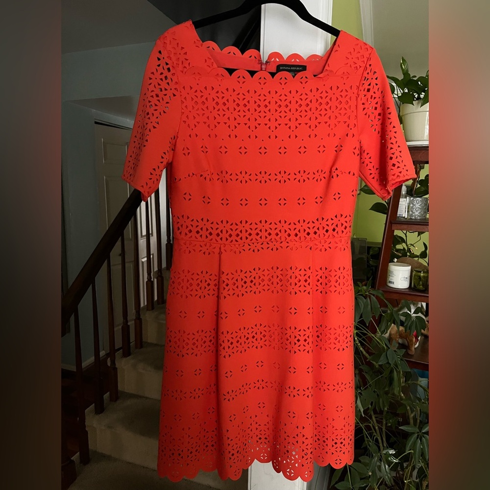 Banana Republic Orange Dress Laser Cut Pattern Size 10P Fit And Flare W Pockets